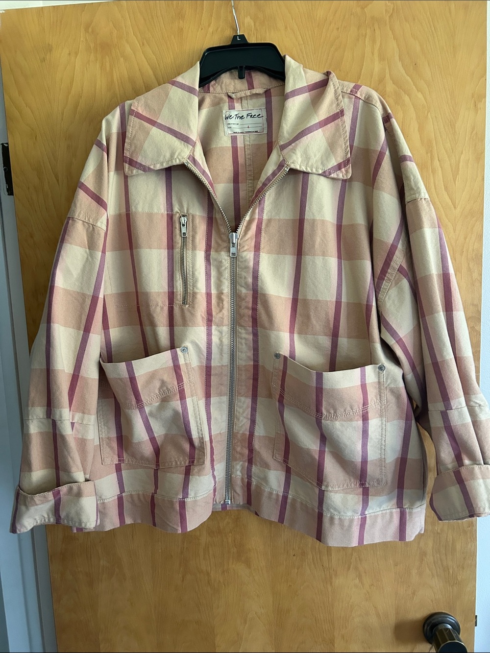 We The Free Cream and Pink Plaid Utility Zip Jacket